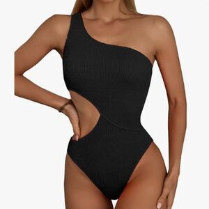 Women's Black One-Shoulder Cut-Out Textured Fabric Swimsuit Size XS